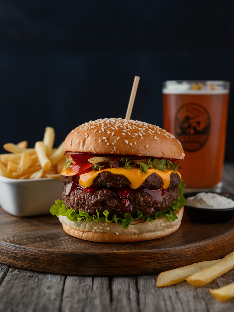 Gourmet burger with cheese and fries, generated without a negative prompt.