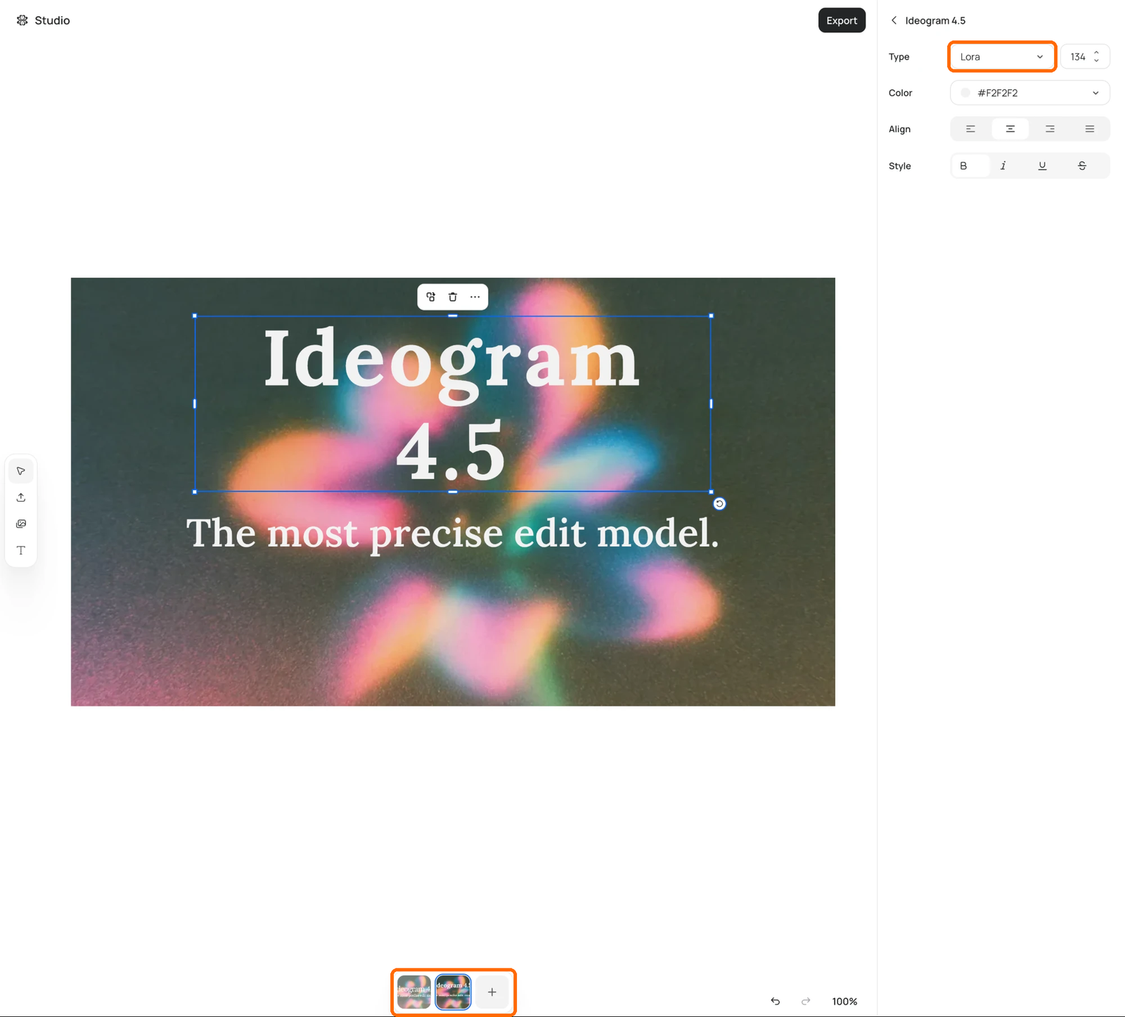 Official Ideogram docs screenshot of Studio after Layerize text, with the poster headline selected as an editable text layer and the sidebar showing text controls