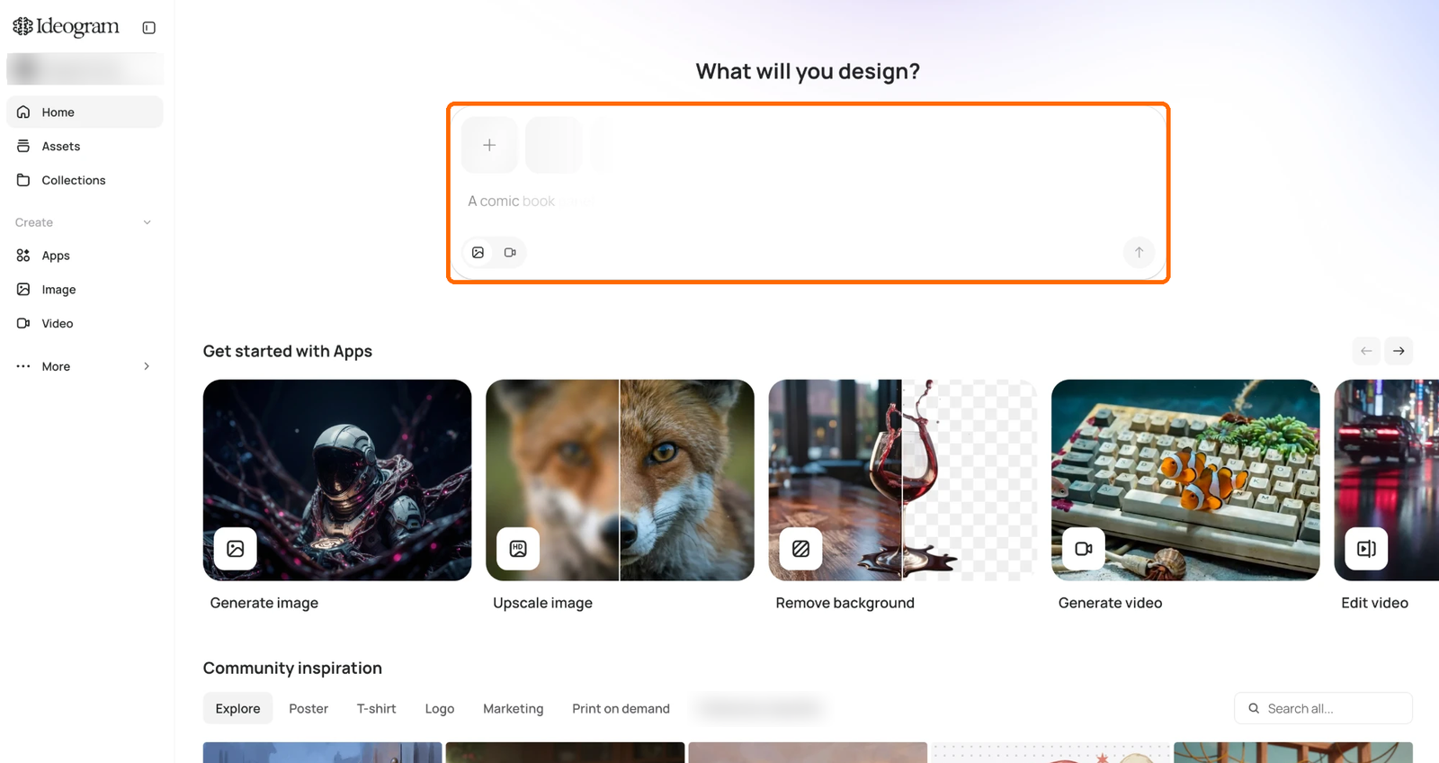 Official Ideogram docs screenshot of the Home page with the sidebar on the left and the What will you design prompt box highlighted