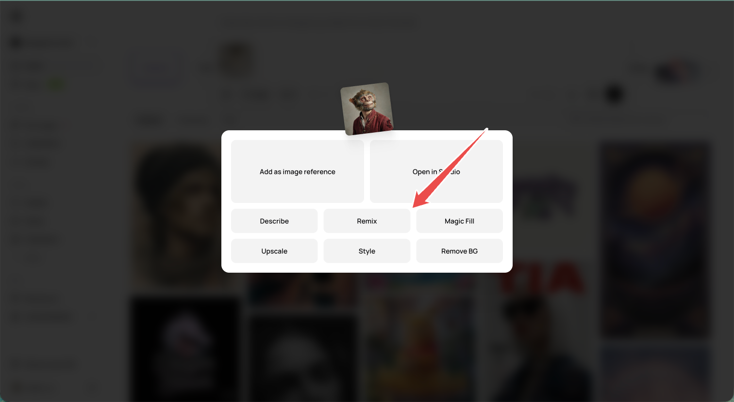Image import popup with Remix highlighted.