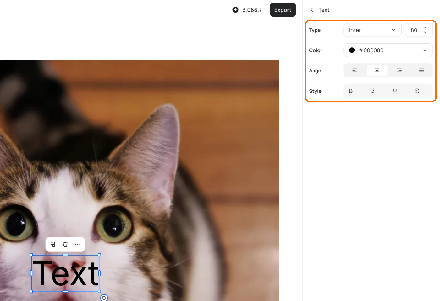 Studio with a text layer selected; the sidebar controls Type, Color, Align and Style are highlighted