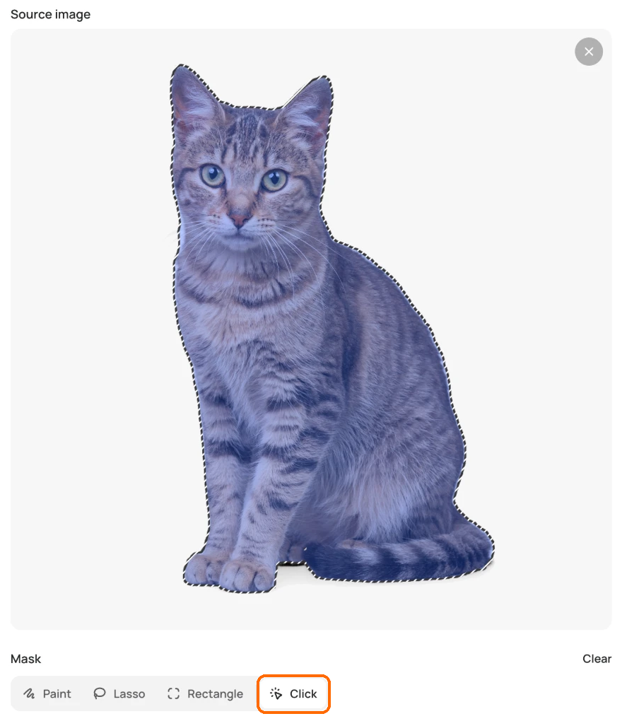 Object Remover with a cat selected under a blue mask, and the Click tool highlighted among the Paint, Lasso, Rectangle and Click mask tools.