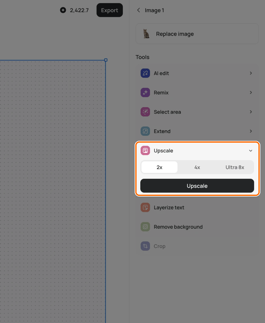 Studio right sidebar for a selected image layer, with the Upscale tool highlighted and open on 2x, 4x and Ultra 8x above the Upscale button.