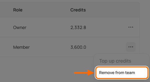 Member row menu with Remove from team highlighted below the greyed-out Top up credits