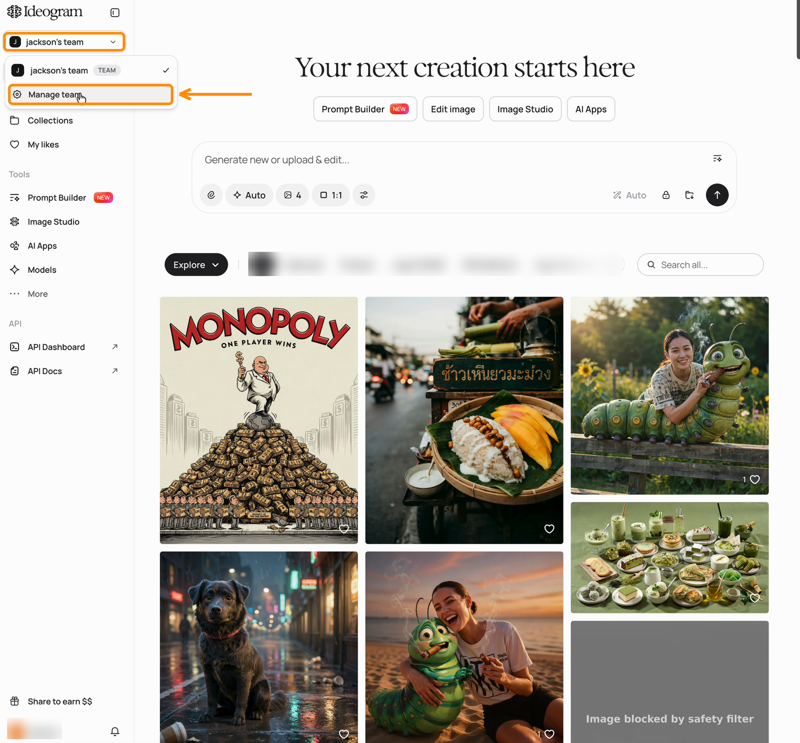 Ideogram home page with the workspace switcher open at the top left and the Manage team option highlighted