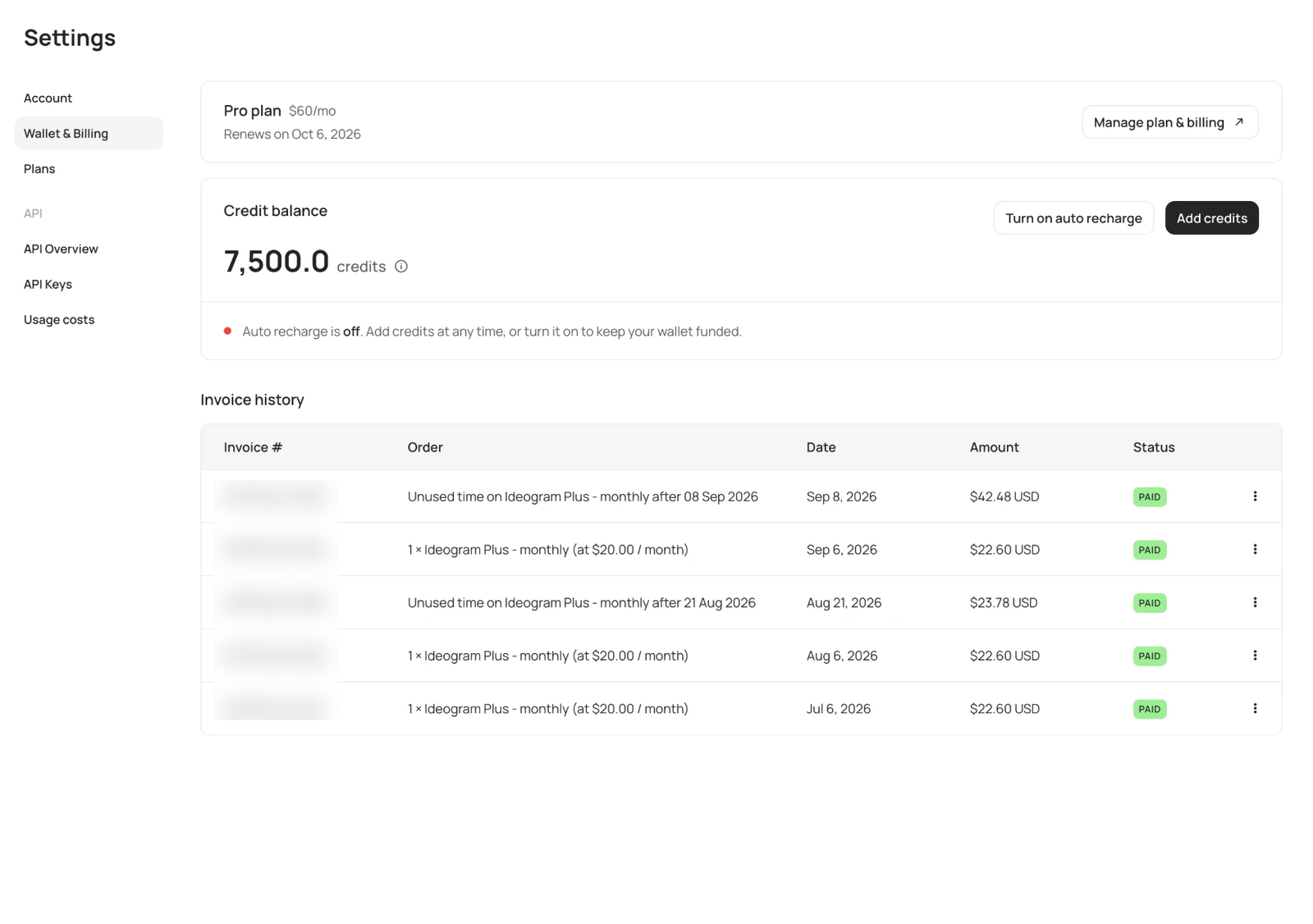 Settings Wallet & Billing page with the Pro plan card showing Renews on Oct 6, 2026 and Manage plan & billing, the Credit balance card with Turn on auto recharge and Add credits, and the Invoice history table