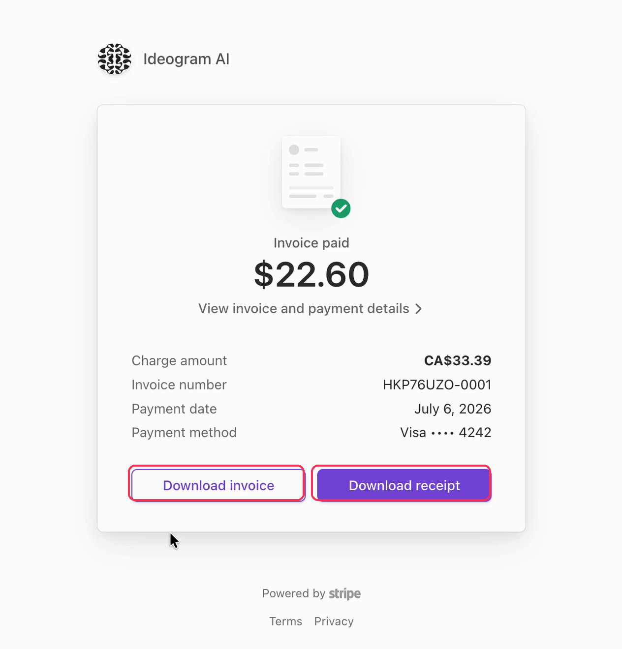 Invoice detail page showing charge amount, invoice number, payment date, and payment method, with the Download invoice and Download receipt buttons highlighted