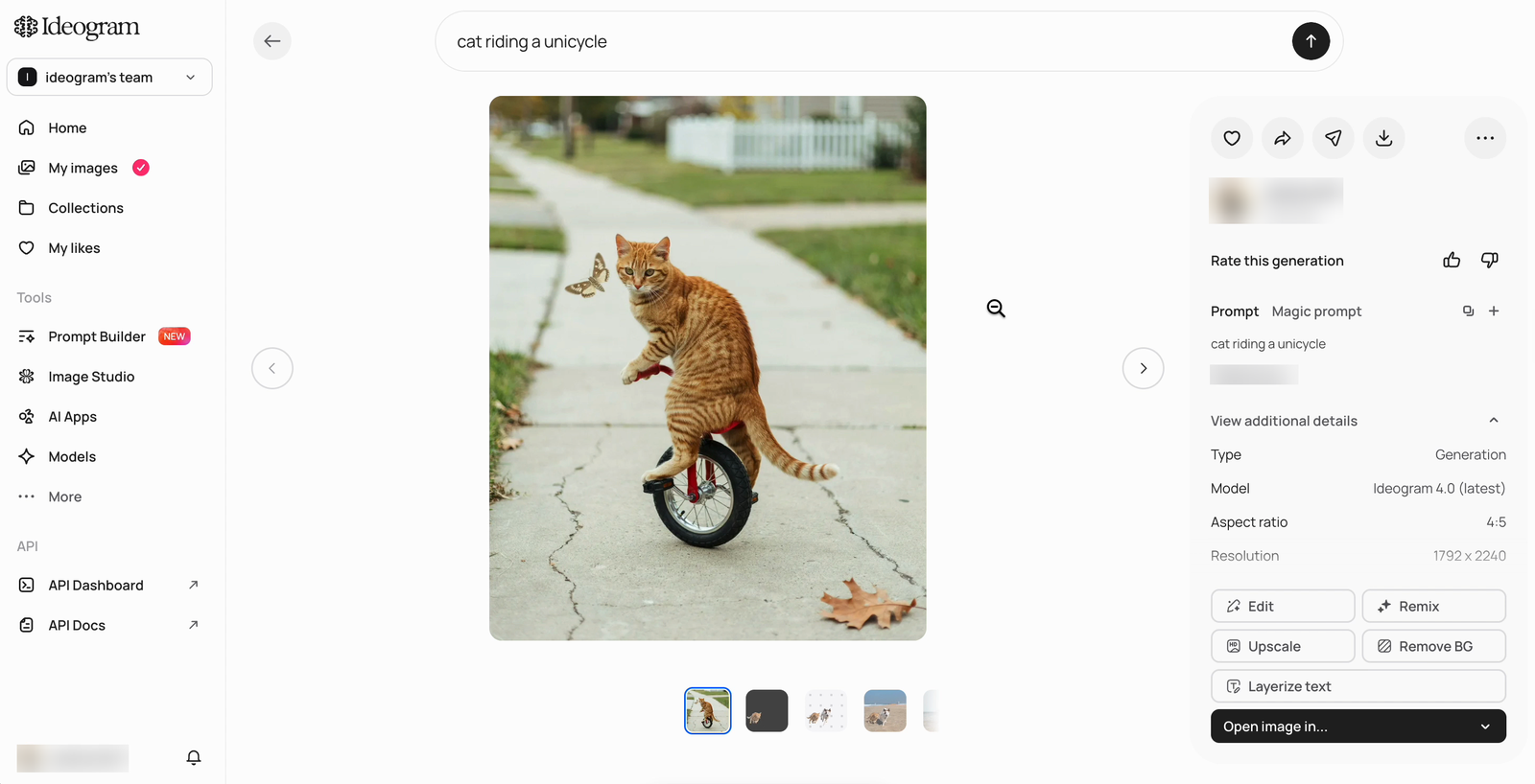 Generated image of a cat on a unicycle open in detailed view, with the right-side panel showing rating controls, the prompt, additional details, and buttons for Edit, Remix, Upscale, Remove BG, and Layerize text