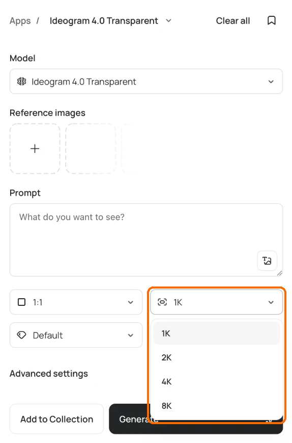 Image app on Ideogram 4.0 Transparent with the resolution menu open, showing 1K, 2K, 4K and 8K, highlighted