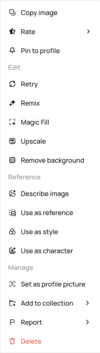 Menu with options such as Copy image, Retry, Remix, Magic Fill, Upscale, and Remove background, grouped under Edit, Reference, and Manage