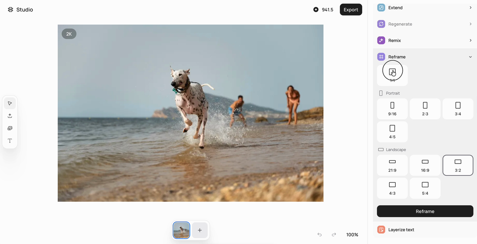 Reframe panel in Image Studio showing square, portrait, and landscape aspect ratio presets with 3:2 selected and a Reframe button