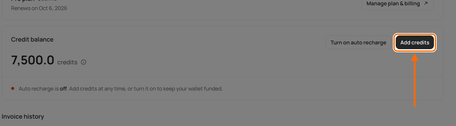 Credit balance card showing 7,500.0 credits, with Turn on auto recharge and the Add credits button highlighted