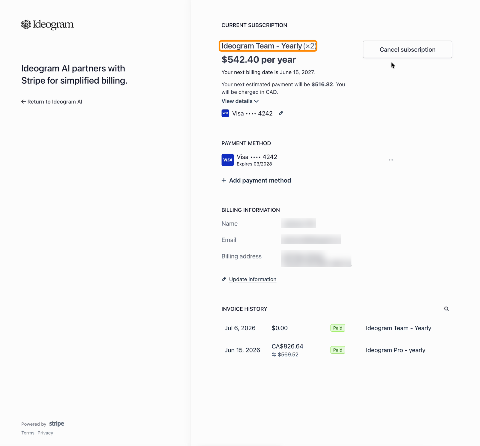 Billing portal showing the Ideogram Team yearly subscription with a seat quantity of two highlighted, along with payment method, billing information, and invoice history