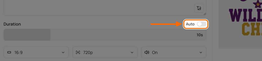 Video settings with the Duration slider at 10s, the Auto switch highlighted, and 16:9, 720p and audio On below