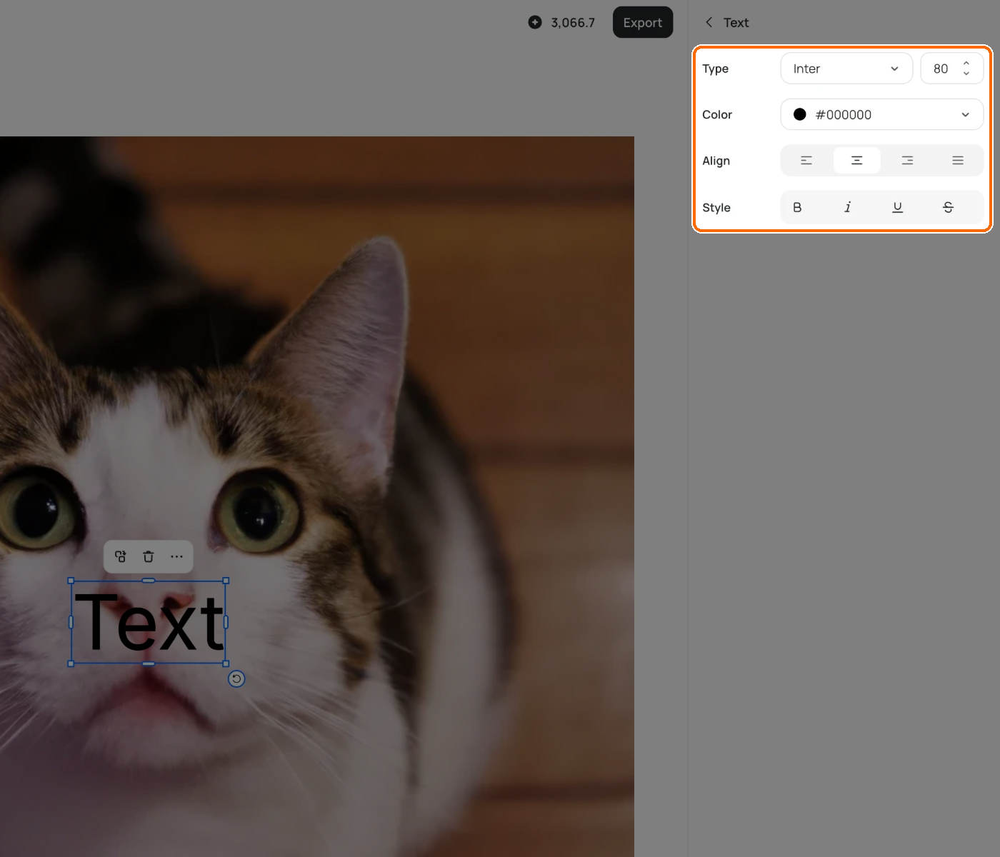 Studio with a text layer selected; the sidebar controls Type, Color, Align and Style are highlighted