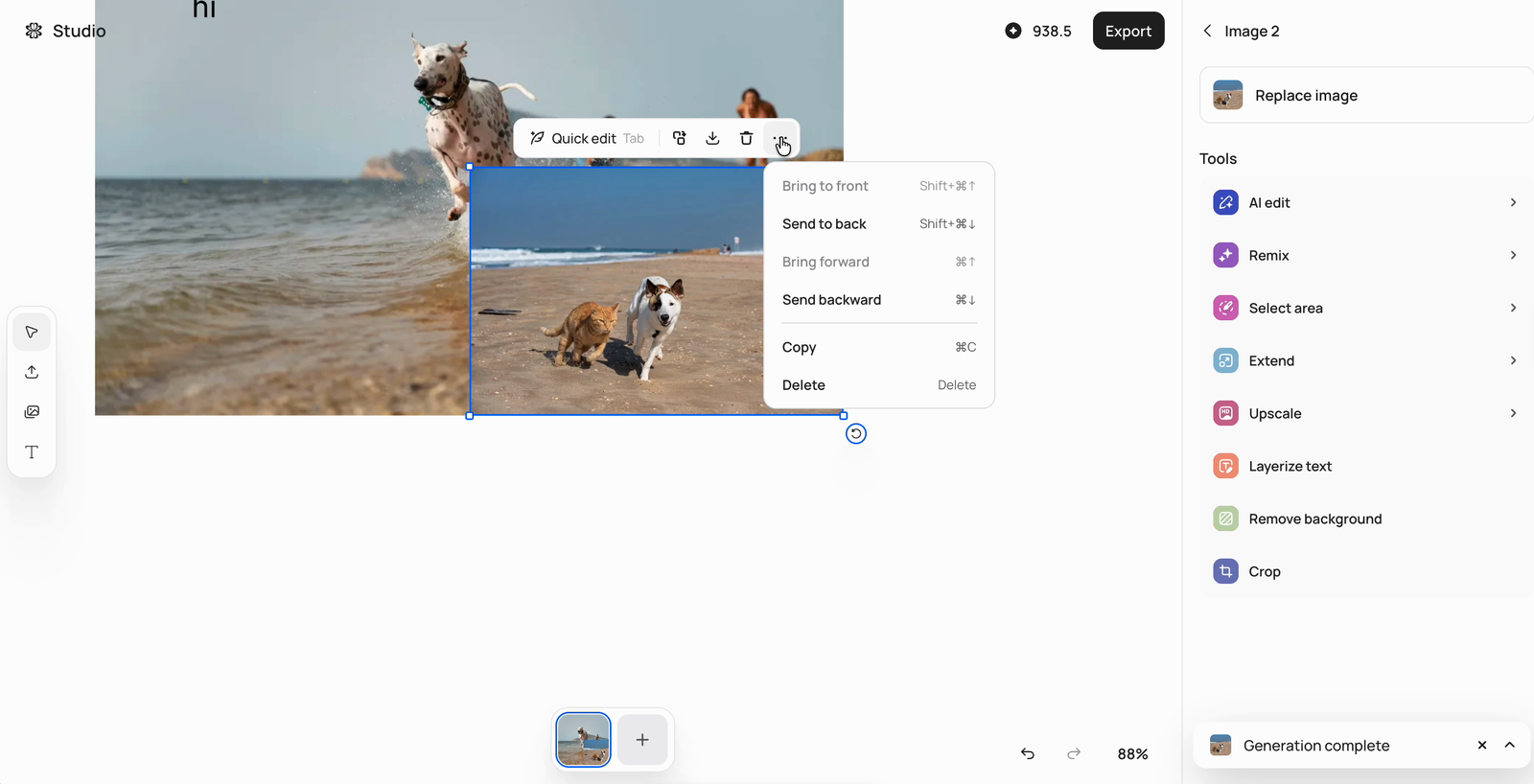 A selected image layer in Image Studio with the Quick edit bar and the arrange menu open, showing Bring to front, Send to back, Bring forward, Send backward, Copy, and Delete with their keyboard shortcuts