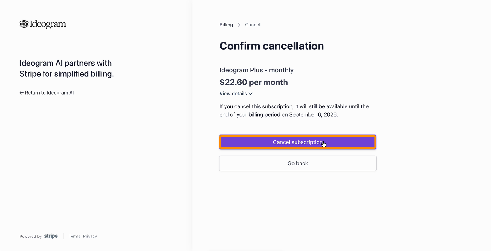 Confirm cancellation page stating the subscription remains available until the end of the billing period, with the Cancel subscription button highlighted