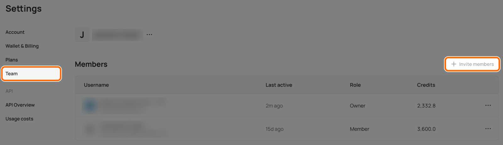 Settings Team tab with the team name, Members list and Invite members button, with the Team tab and Invite members highlighted