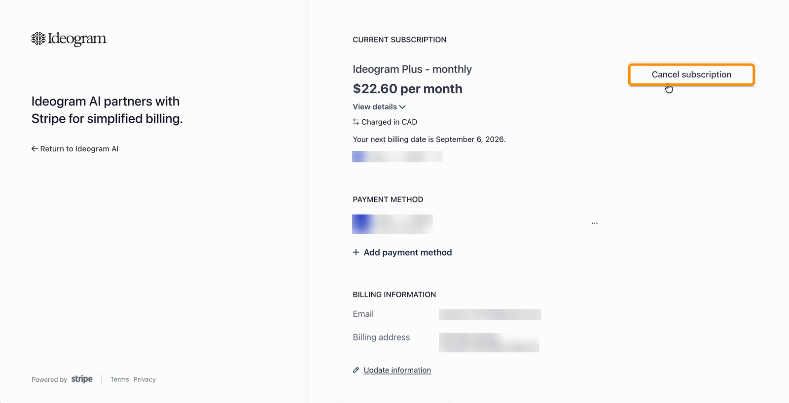 Billing portal showing the current subscription, payment method, and billing information, with the Cancel subscription button highlighted