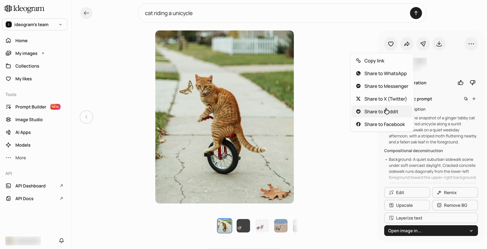 Share menu open on an image's details view, listing Copy link and share options for WhatsApp, Messenger, X, Reddit, and Facebook