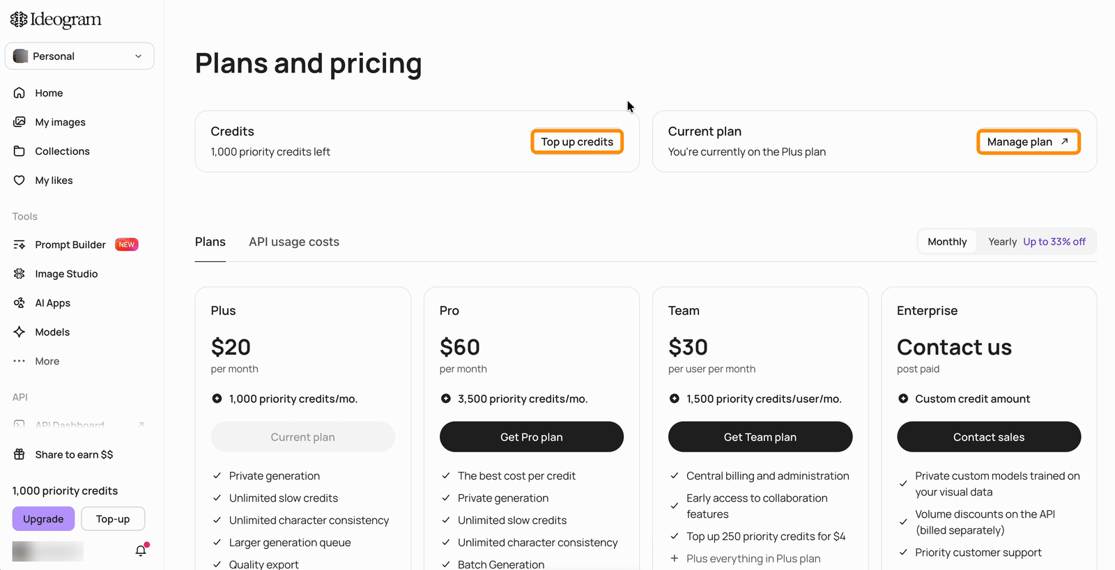 Plans and pricing page showing the credits card, current plan card with the Manage plan button, and plan cards below