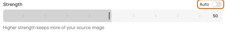 Strength row with the Auto switch highlighted and turned off, the slider at 50 and the line Higher strength keeps more of your source image.