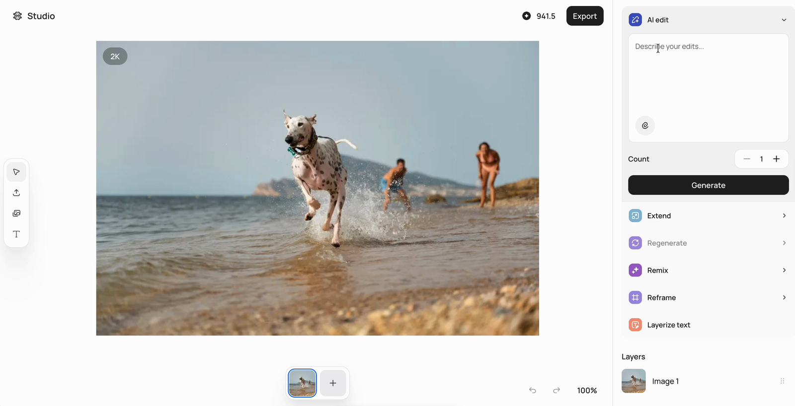 AI edit panel open in Image Studio with a Describe your edits field, a count control, and a Generate button
