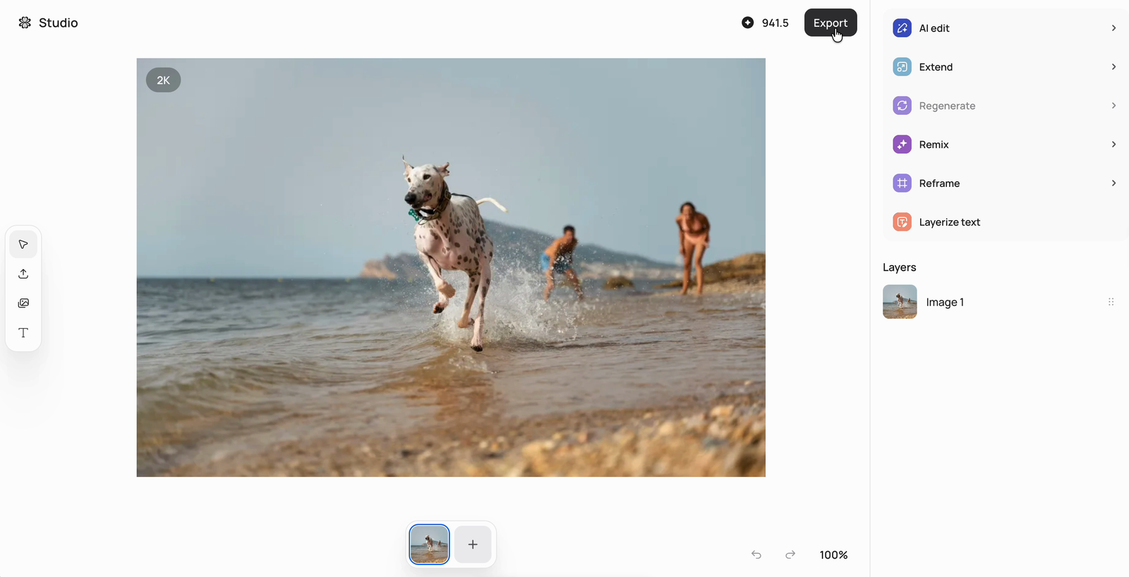 Image Studio workspace showing a photo of a dog on a beach, the left toolbar, the right panel with AI edit, Extend, Regenerate, Remix, Reframe, and Layerize text tools, and the Layers list