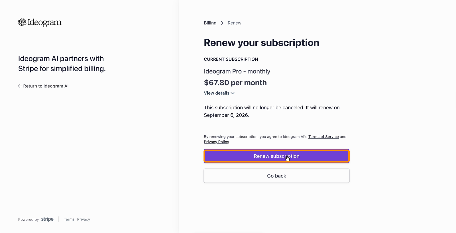 Renew your subscription page stating the subscription will no longer be cancelled and will renew on the usual date, with the Renew subscription button highlighted