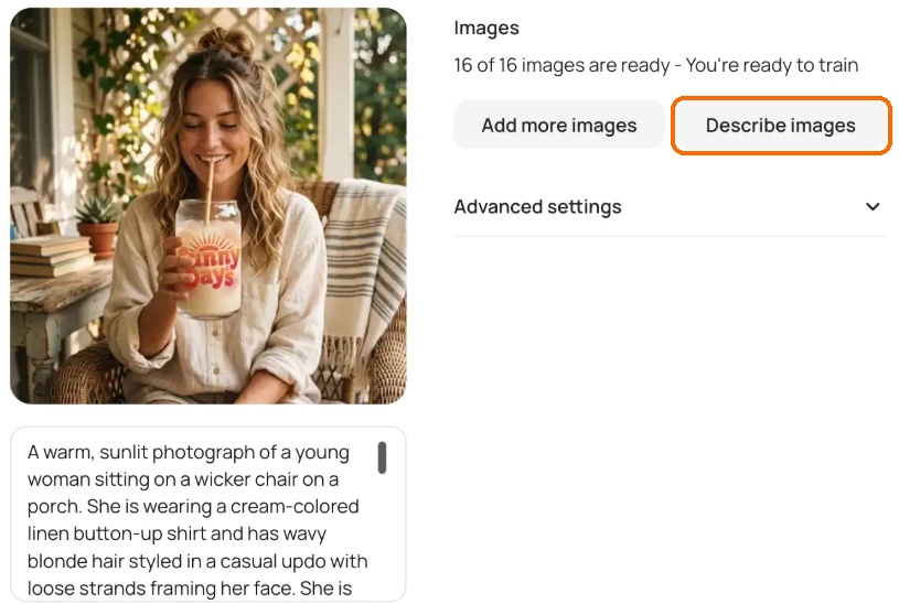 Training image with its caption below, next to the Images panel with the Describe images button highlighted