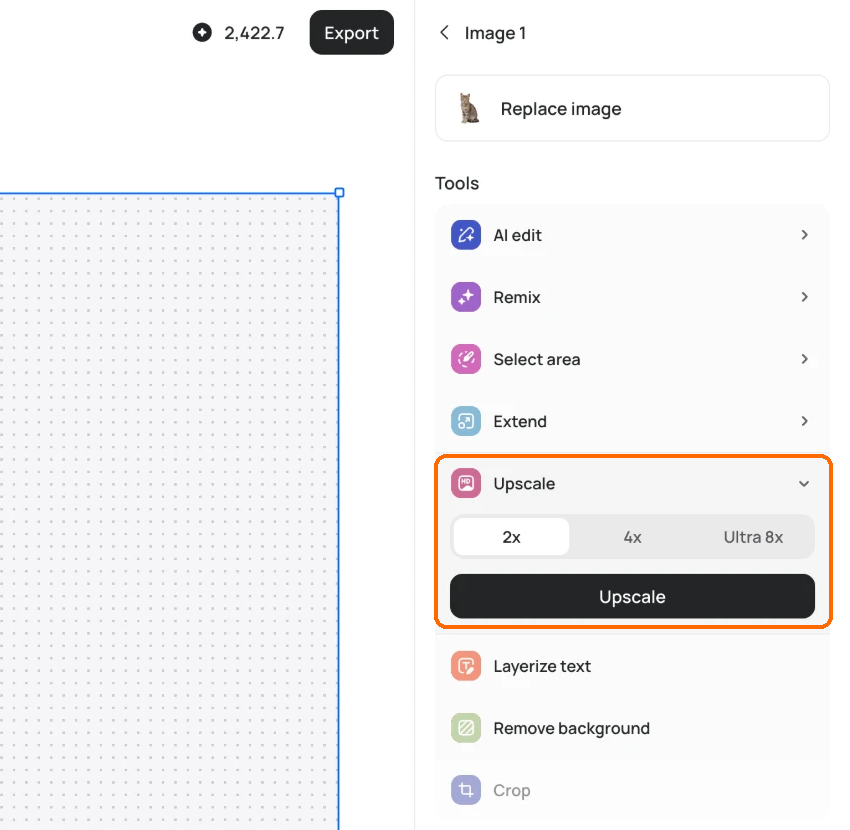 Studio right sidebar for a selected image layer, with the Upscale tool highlighted and open on 2x, 4x and Ultra 8x above the Upscale button.