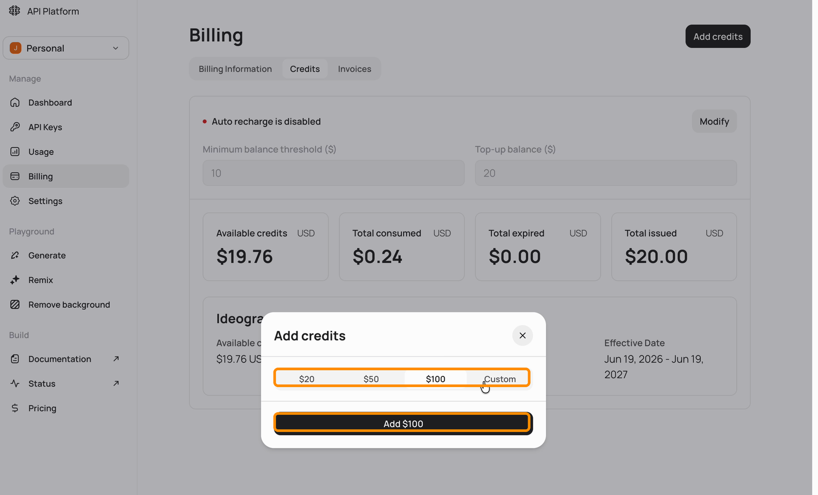 Add credits dialog with preset amount options and the add button highlighted