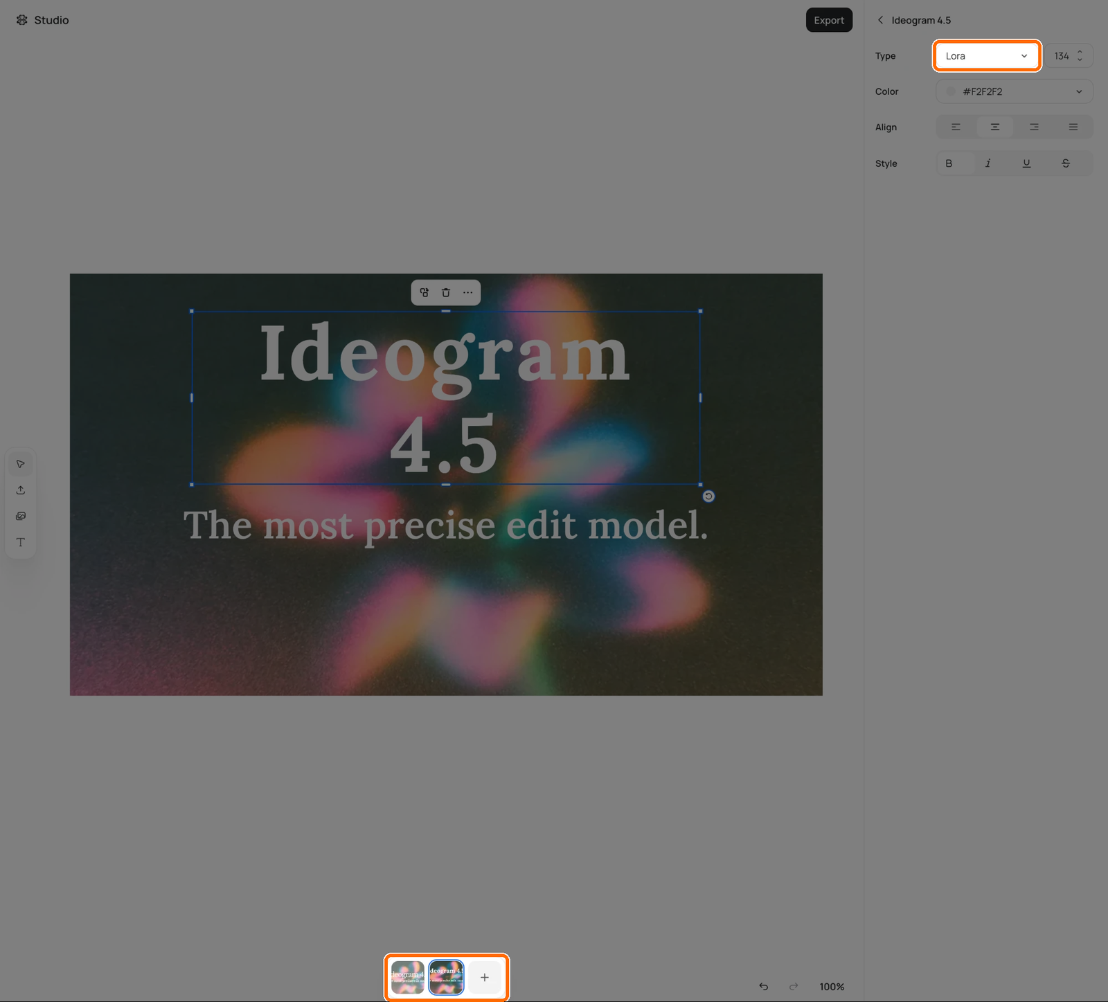 Studio after Layerize text: the poster headline is selected as a text layer, the sidebar shows the Lora font highlighted, and the version strip shows two versions highlighted