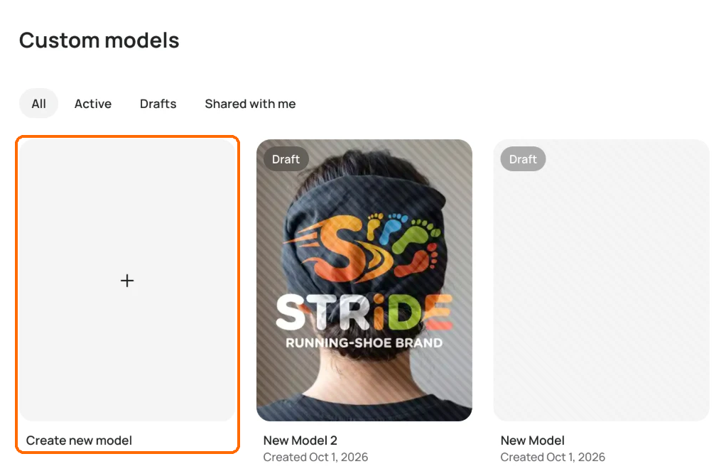 Custom models page with All, Active, Drafts and Shared with me tabs, and the Create new model tile highlighted