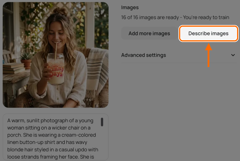 Training image with its caption below, next to the Images panel with the Describe images button highlighted