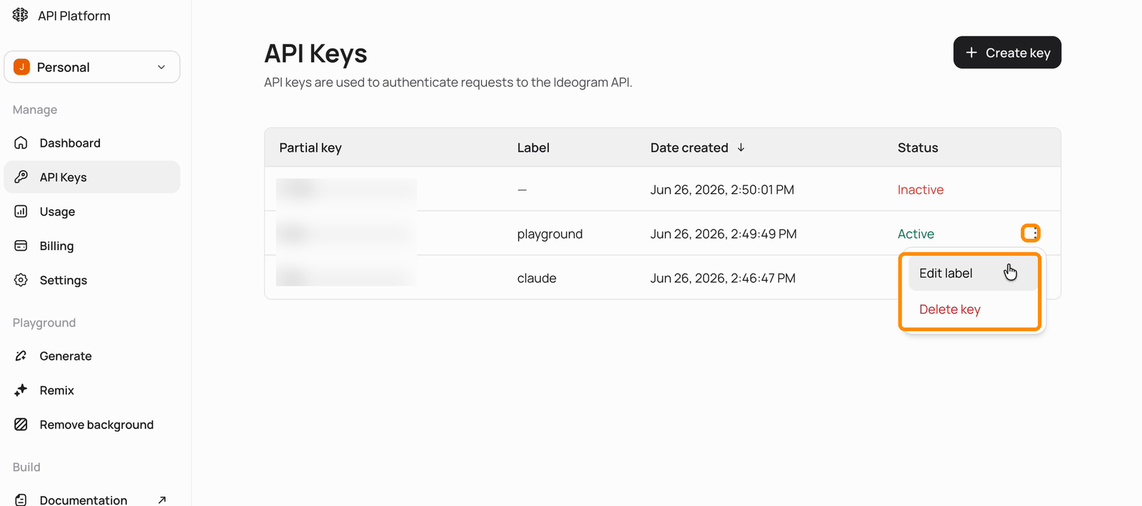 API key row menu open, showing the Edit label and Delete key options highlighted