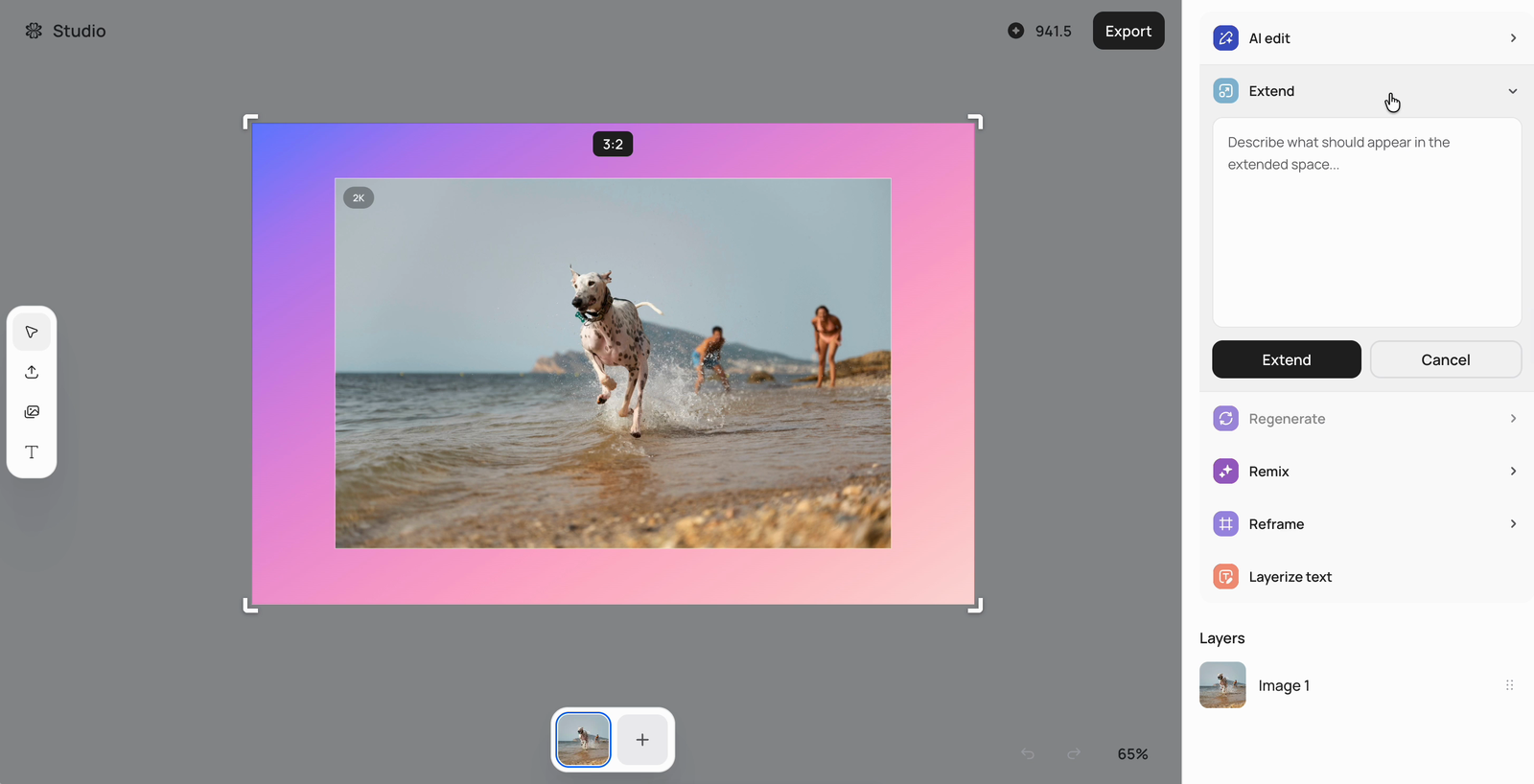 Extend tool in Image Studio showing the image inside a larger 3:2 frame to be filled, with a field to describe what should appear in the extended space