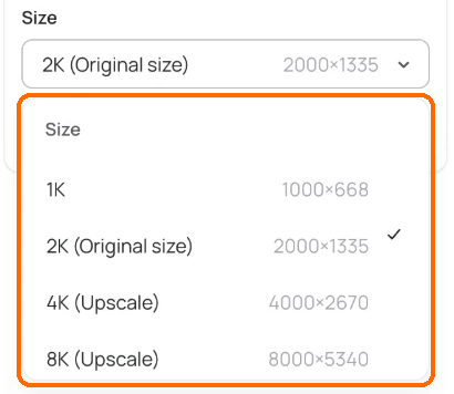 Open Size list with 1K, 2K (Original size), 4K (Upscale) and 8K (Upscale) and their pixel dimensions highlighted