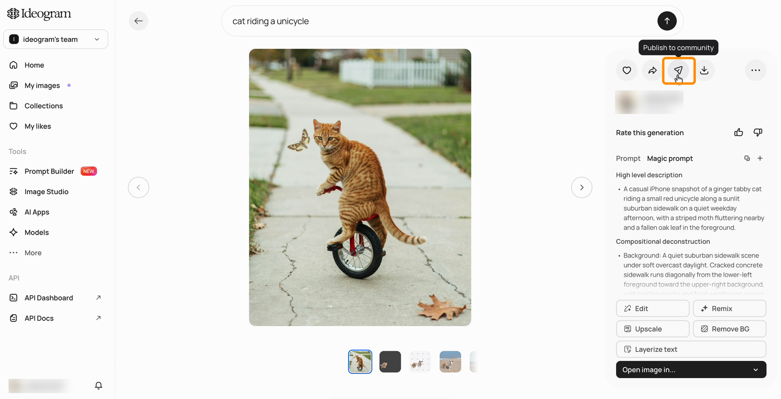 An image open in detail view with the Publish to community icon highlighted in the details panel's action icons, next to like, share, and download