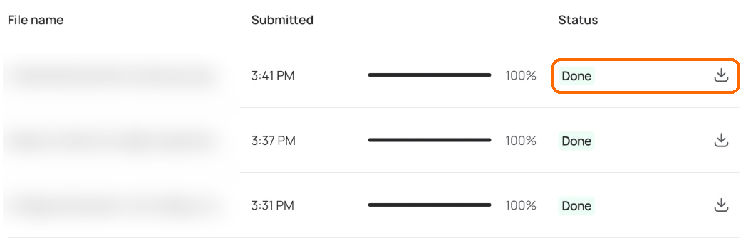 Batch history table with File name, Submitted and Status columns; the first row's Done status and download button are highlighted