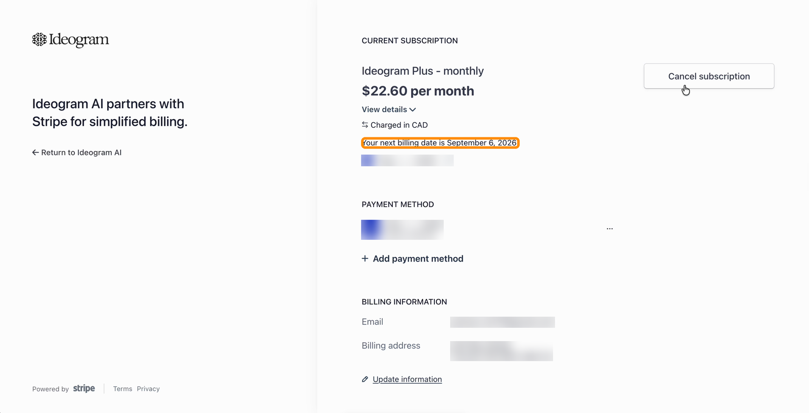 Billing portal with the line reading Your next billing date is September 6, 2026 highlighted under the current subscription