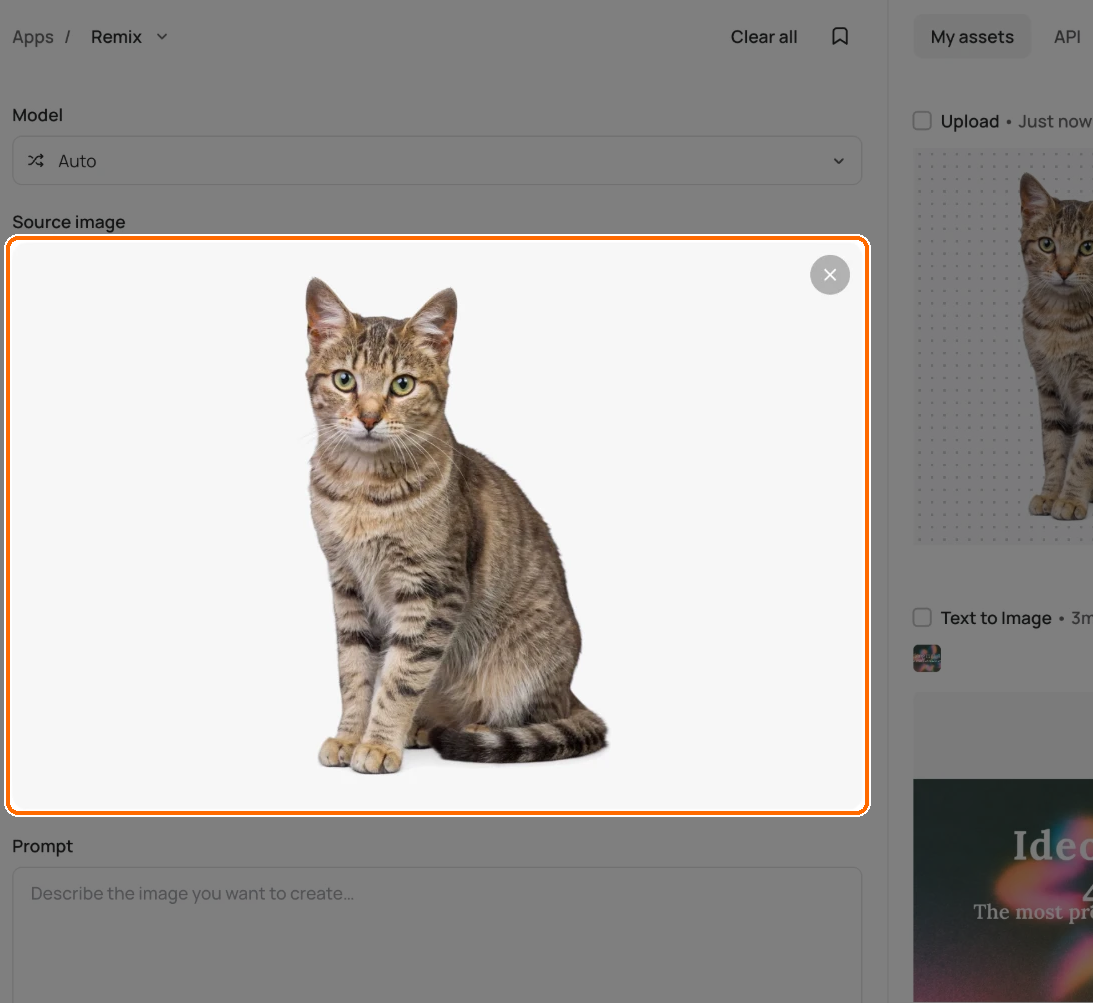 Remix app with a cat photo loaded in the highlighted Source image box, under the Model picker set to Auto.