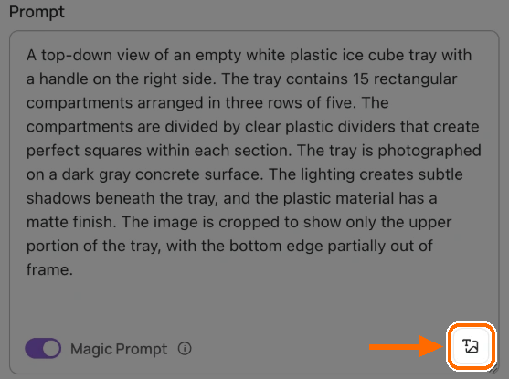 Prompt box filled with a Describe caption of an ice cube tray, with the Describe button at the bottom right highlighted