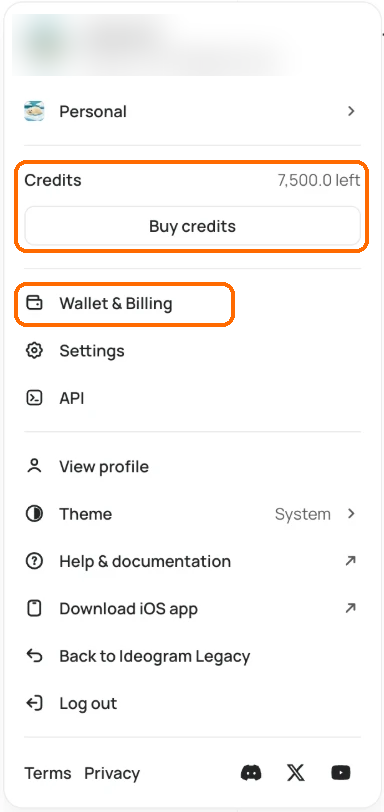 User menu with the Credits row showing 7,500.0 left and the Buy credits button highlighted, and Wallet & Billing highlighted below