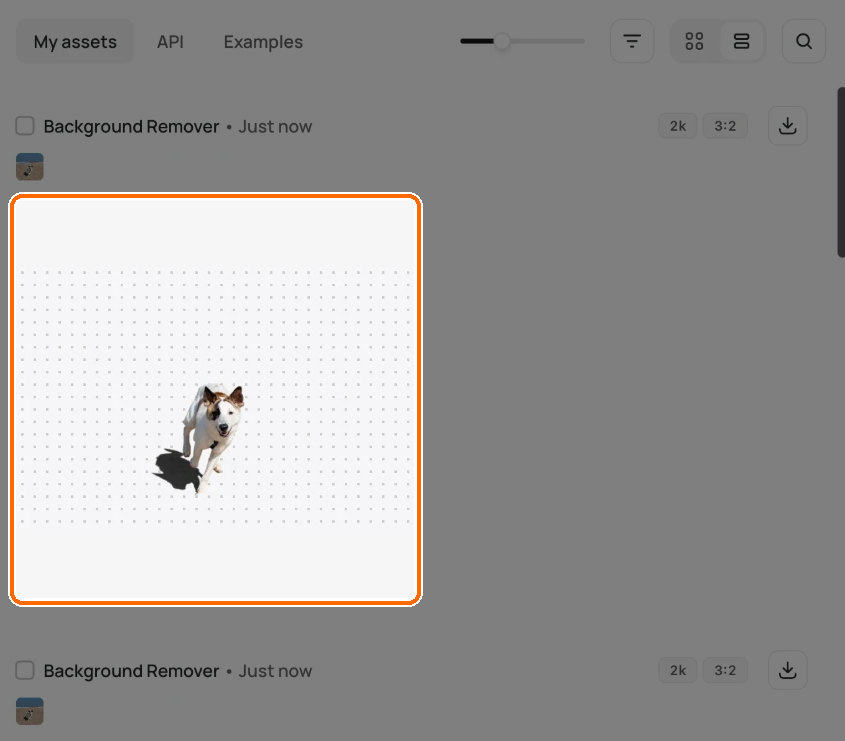 Background Remover result card, highlighted: the dog cut out on a dotted transparent background.
