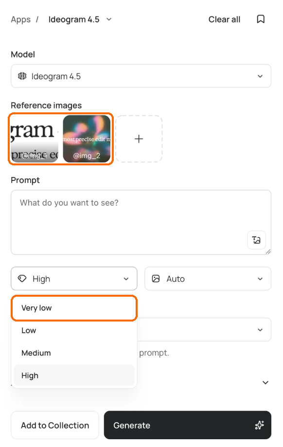 Image app on Ideogram 4.5 with two reference images tagged @img_1 and @img_2 highlighted, and the Quality menu open with Very low highlighted