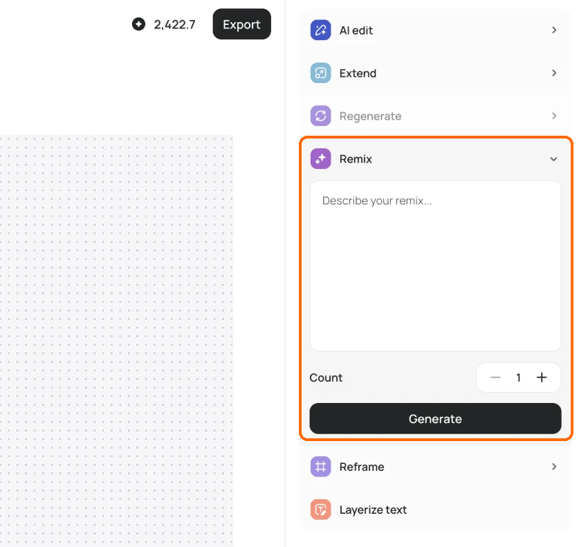 Studio right sidebar with nothing selected and the Remix tool highlighted, showing the Describe your remix box, Count set to 1 and the Generate button.