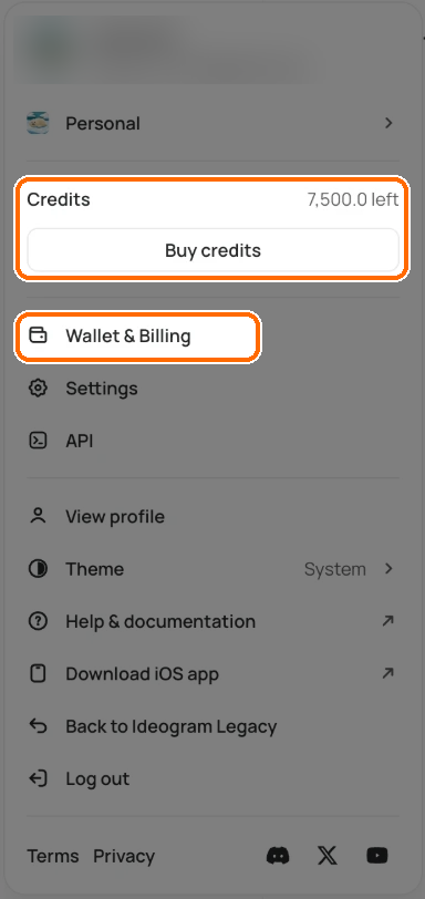 User menu with the Credits row showing 7,500.0 left and the Buy credits button highlighted, and Wallet & Billing highlighted below