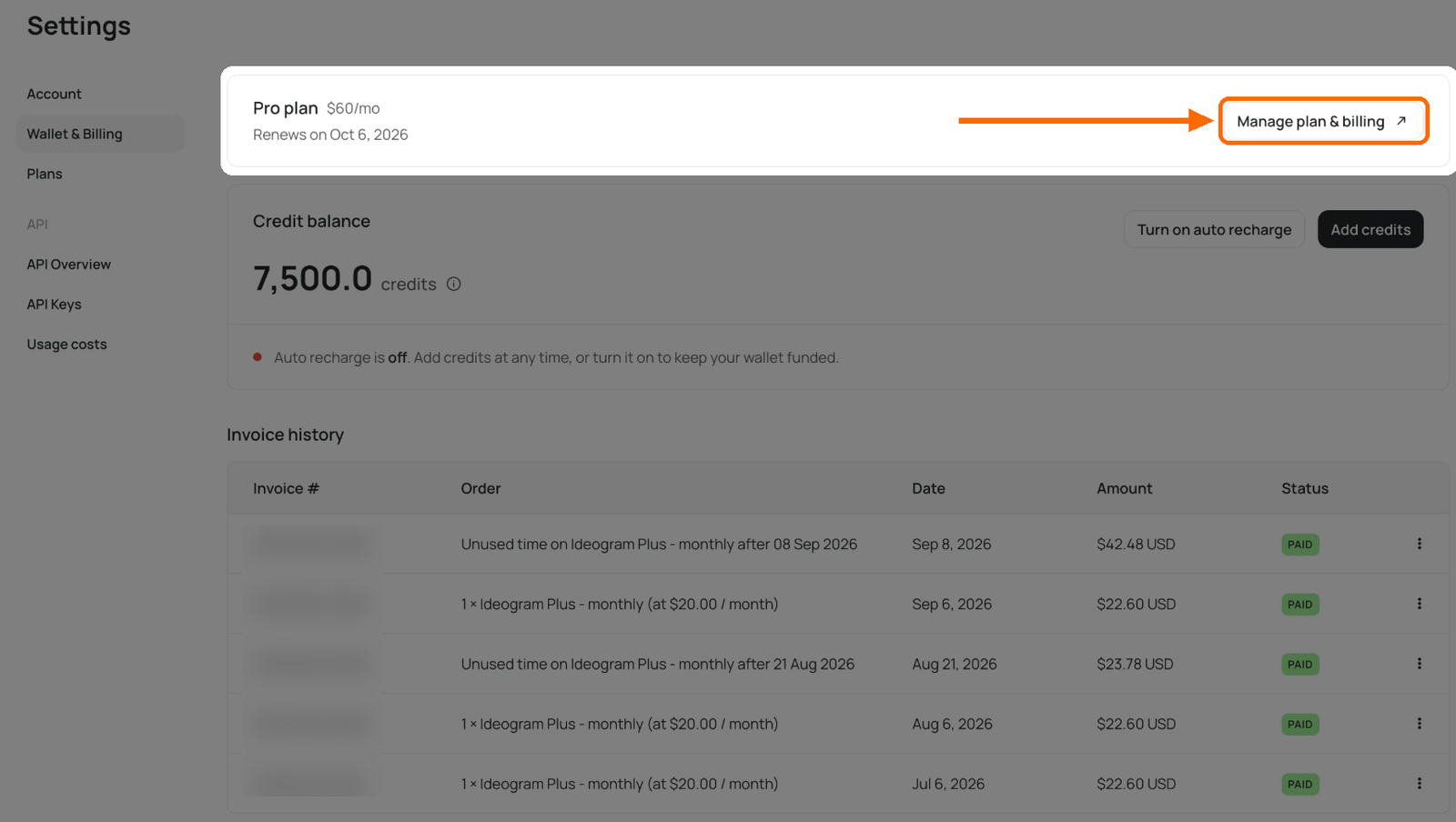 Wallet & Billing page with everything dimmed except the plan card, which shows Pro plan $60/mo and Renews on Oct 6, 2026; an orange arrow and box point to Manage plan & billing