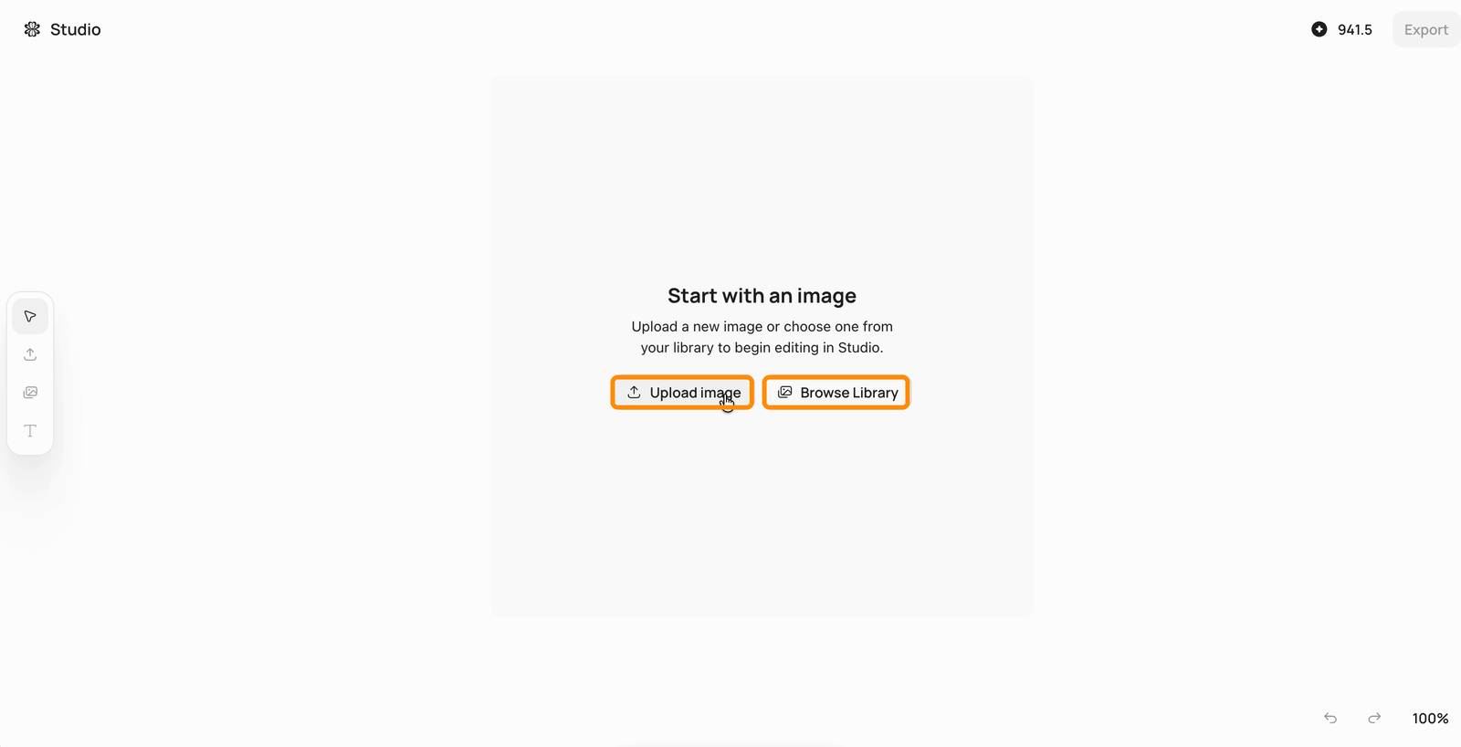 Image Studio start screen with the Upload image and Browse Library buttons highlighted under the heading Start with an image